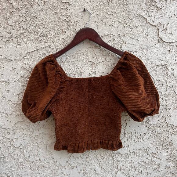 American Eagle Brown Corduroy Puff Sleeve Crop Shirt Size Medium - Picture 1 of 4